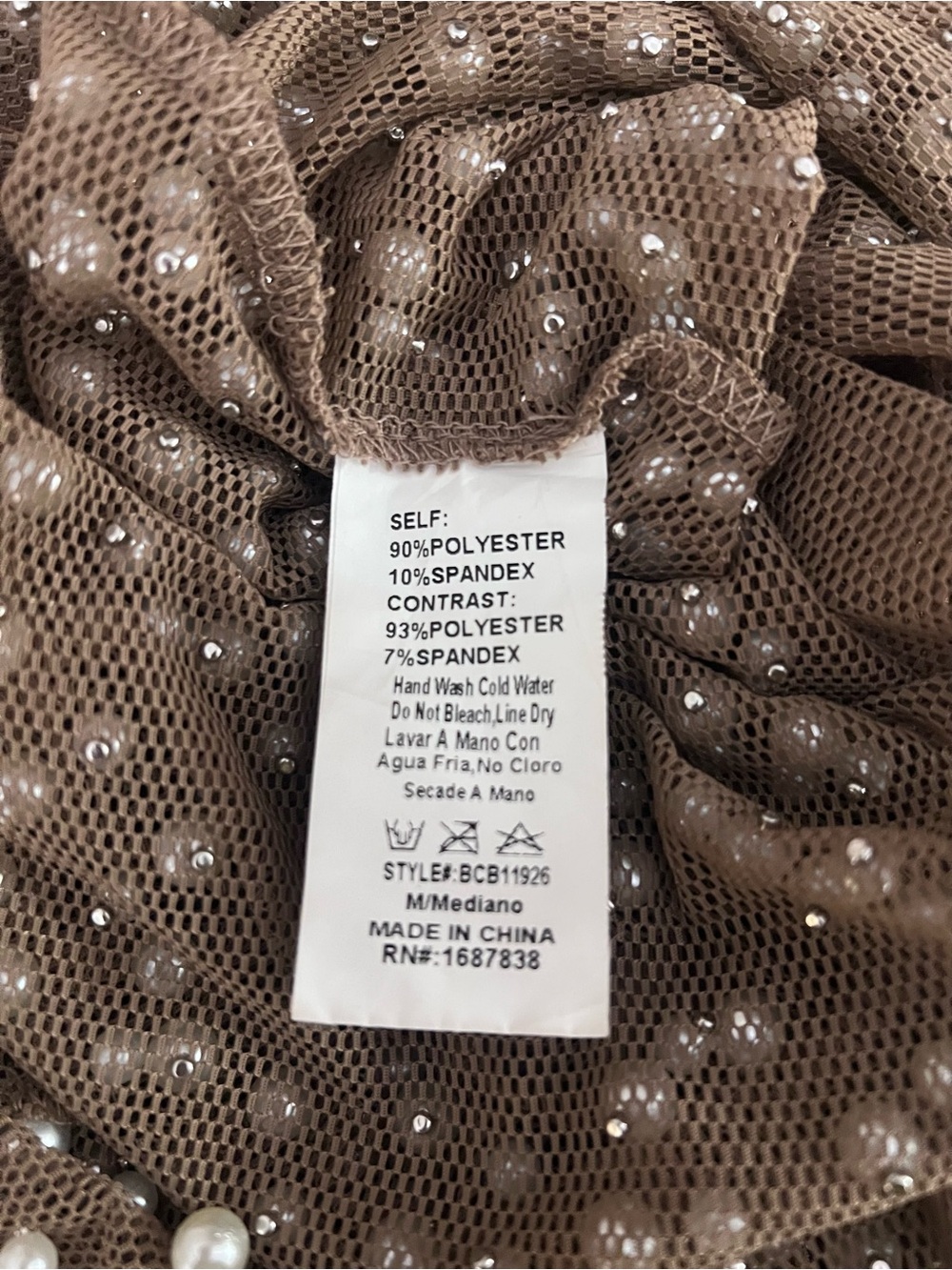 AKIRA NWT Taupe  Pearl-Embellished Sheer Sleeve one piece top - Picture 2 of 3